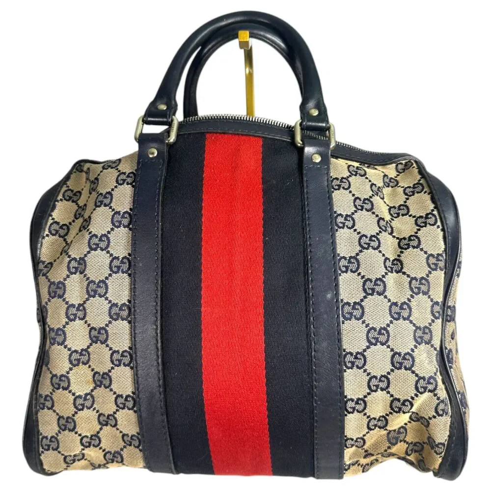 Gucci Vintage Web Boston GG Canvas Navy Red Satchel Medium - FLAWS READ - Picture 11 of 13